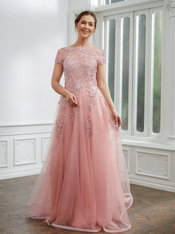 A-Line Princess Tulle Applique Short Sleeves Length Dresses