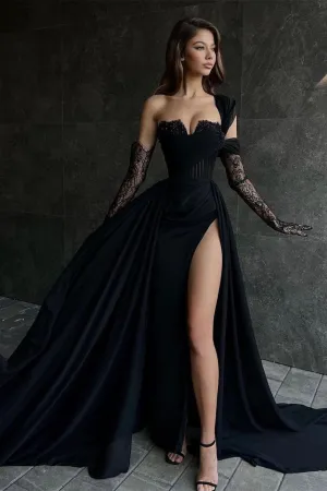Beautiful Long Black A-line One Shoulder Sleeveless Lace Prom Dress With Sit