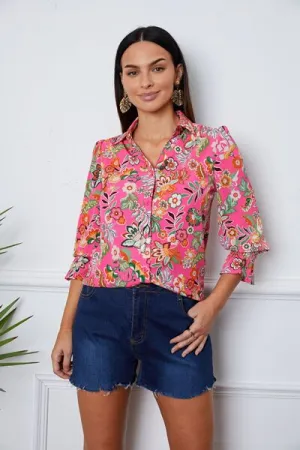 Button Up Flounce Sleeve Shirt