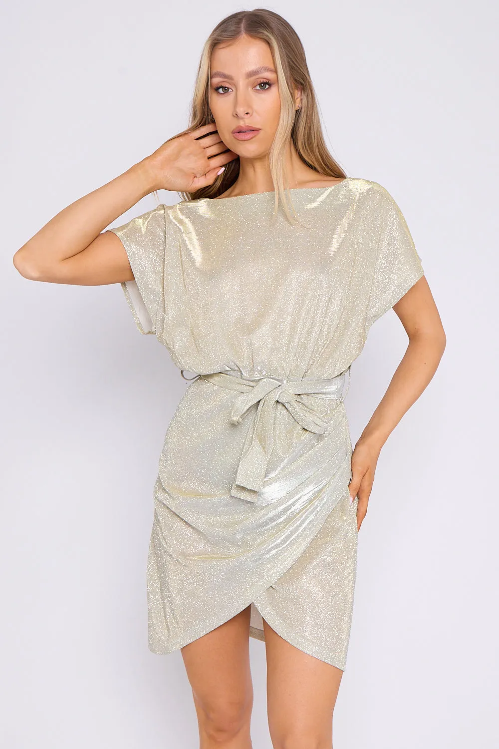 Champagne Sparkly Wrap Mini Dress