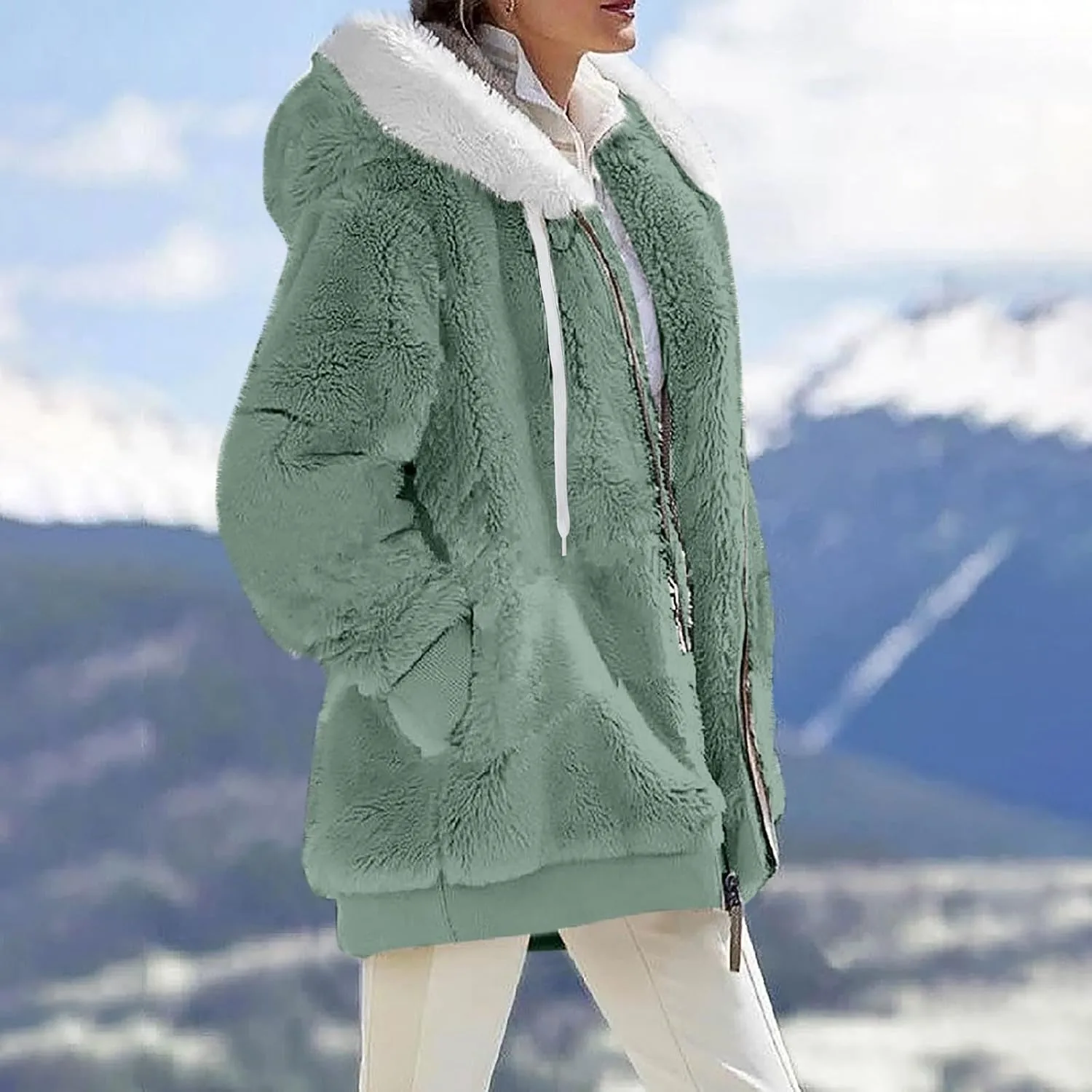 COTECRAM Winter Coats for Women 2023 Casual Plus Size Fleece Jacket Color Block Zip Up Hoodies Coat Outwear with Pockets