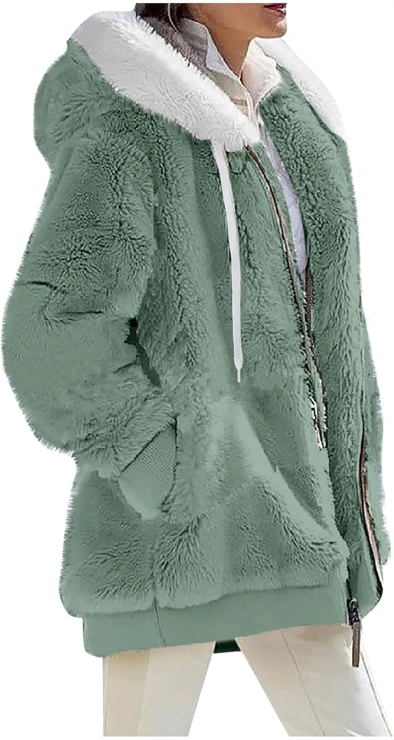 COTECRAM Winter Coats for Women 2023 Casual Plus Size Fleece Jacket Color Block Zip Up Hoodies Coat Outwear with Pockets
