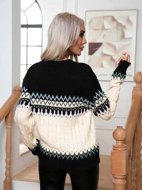 Cozy Chic Fair Isle Cable Knit Sweater