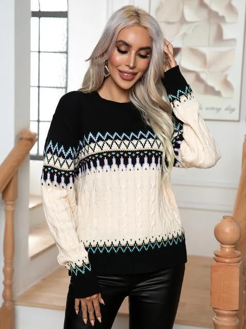 Cozy Chic Fair Isle Cable Knit Sweater