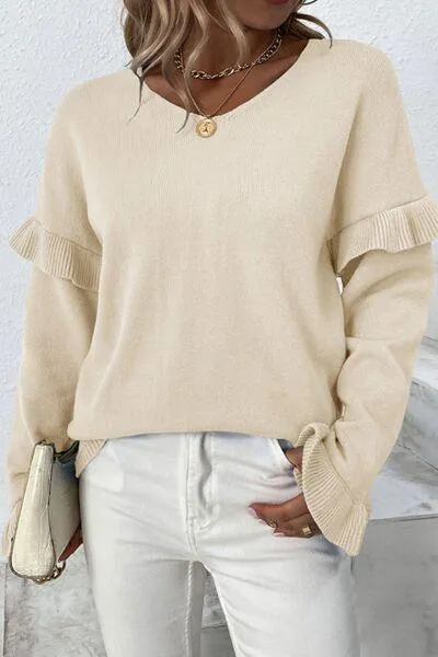 Cozy Special V-Neck Ruffle Sleeve Sweater