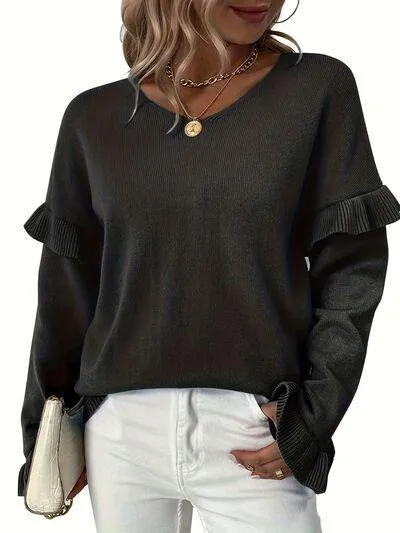 Cozy Special V-Neck Ruffle Sleeve Sweater