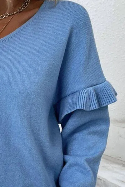 Cozy Special V-Neck Ruffle Sleeve Sweater