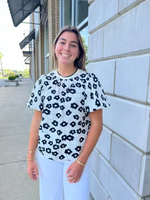 Cream/Black Puff Slv Flower Top