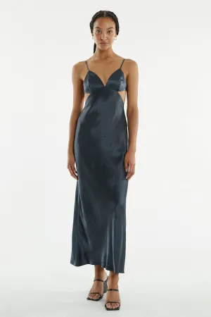 CRUSH BIAS TRI MIDI DRESS | GUN METAL