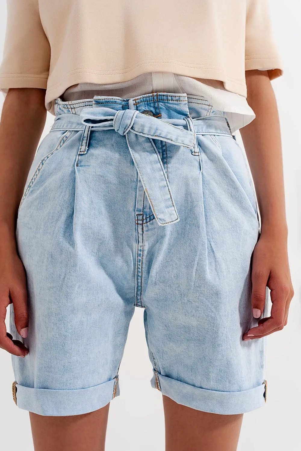 Denim Shorts With Light Blue Wash And Waist Tie