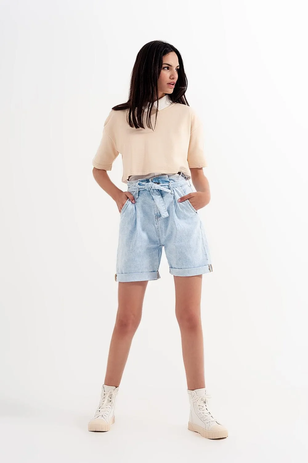 Denim Shorts With Light Blue Wash And Waist Tie