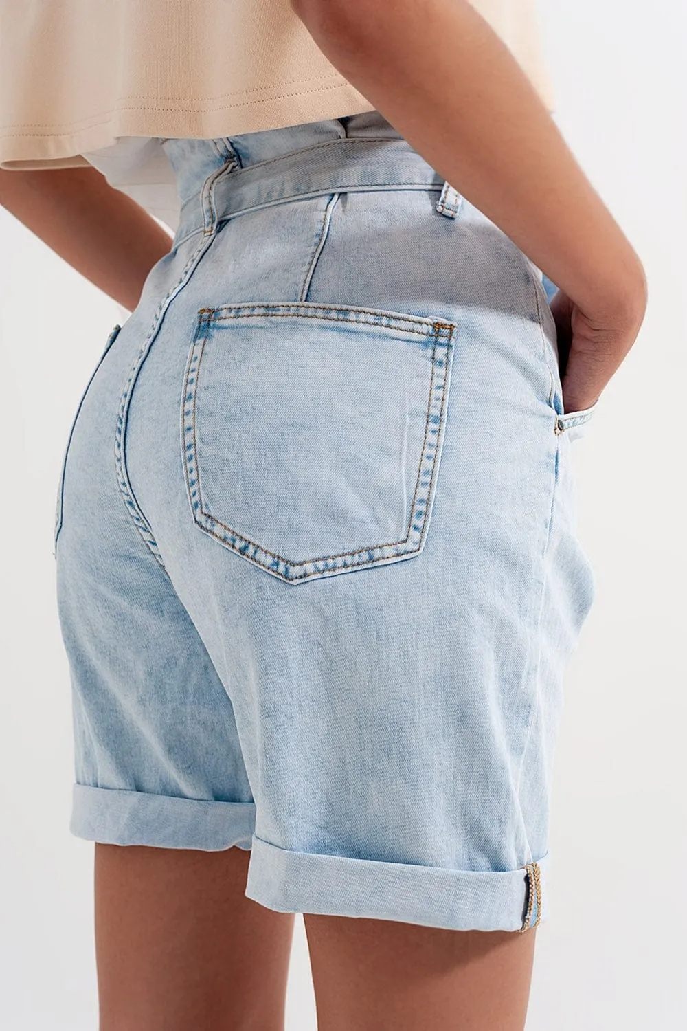 Denim Shorts With Light Blue Wash And Waist Tie