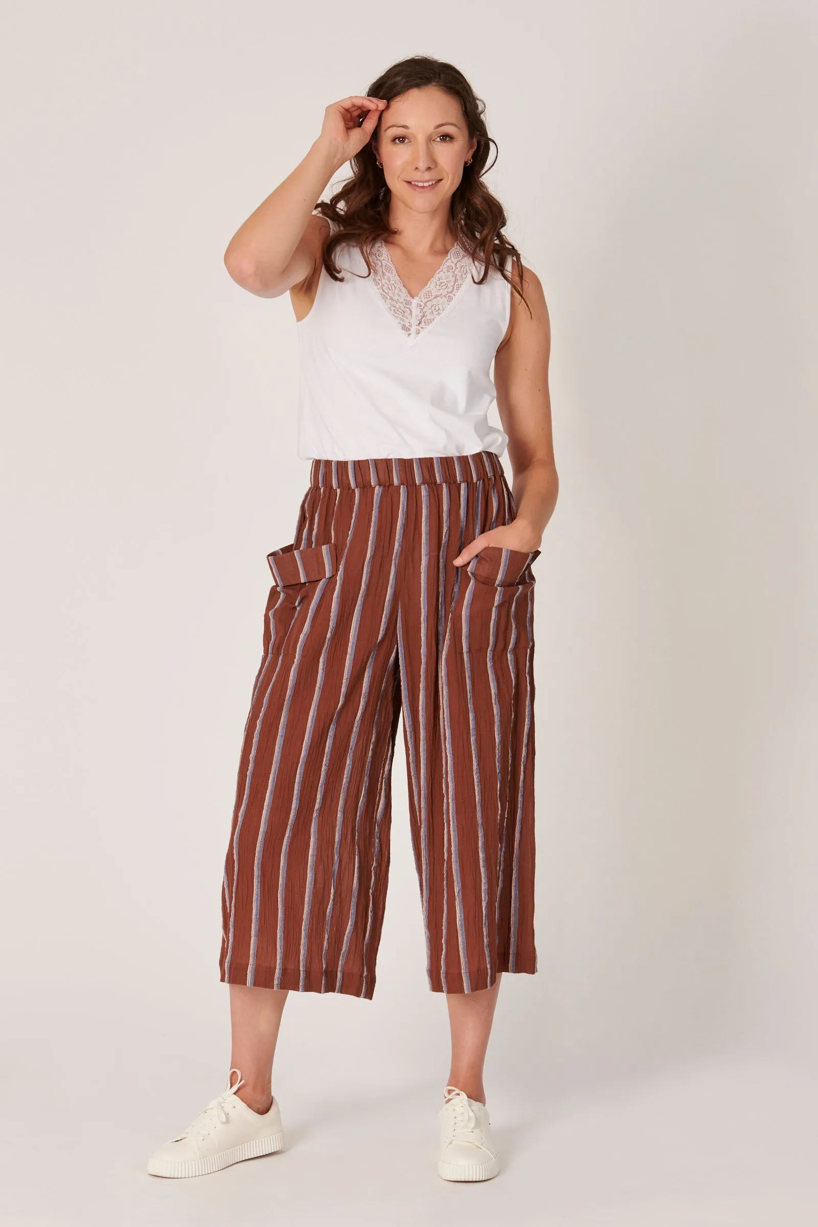 Drape Pocket Culottes - Blue/Brown Stripe