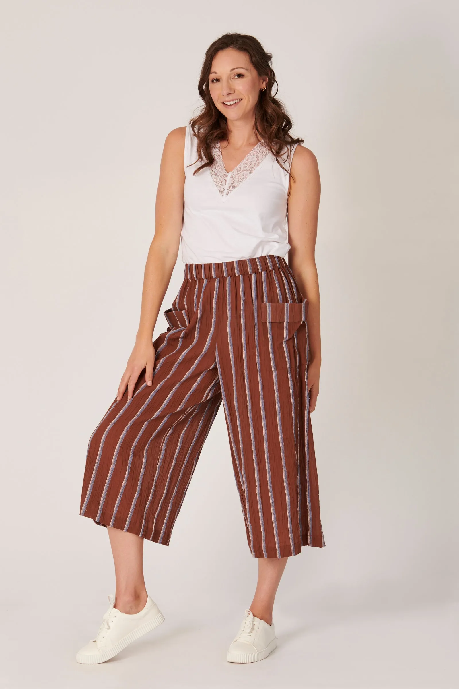 Drape Pocket Culottes - Blue/Brown Stripe