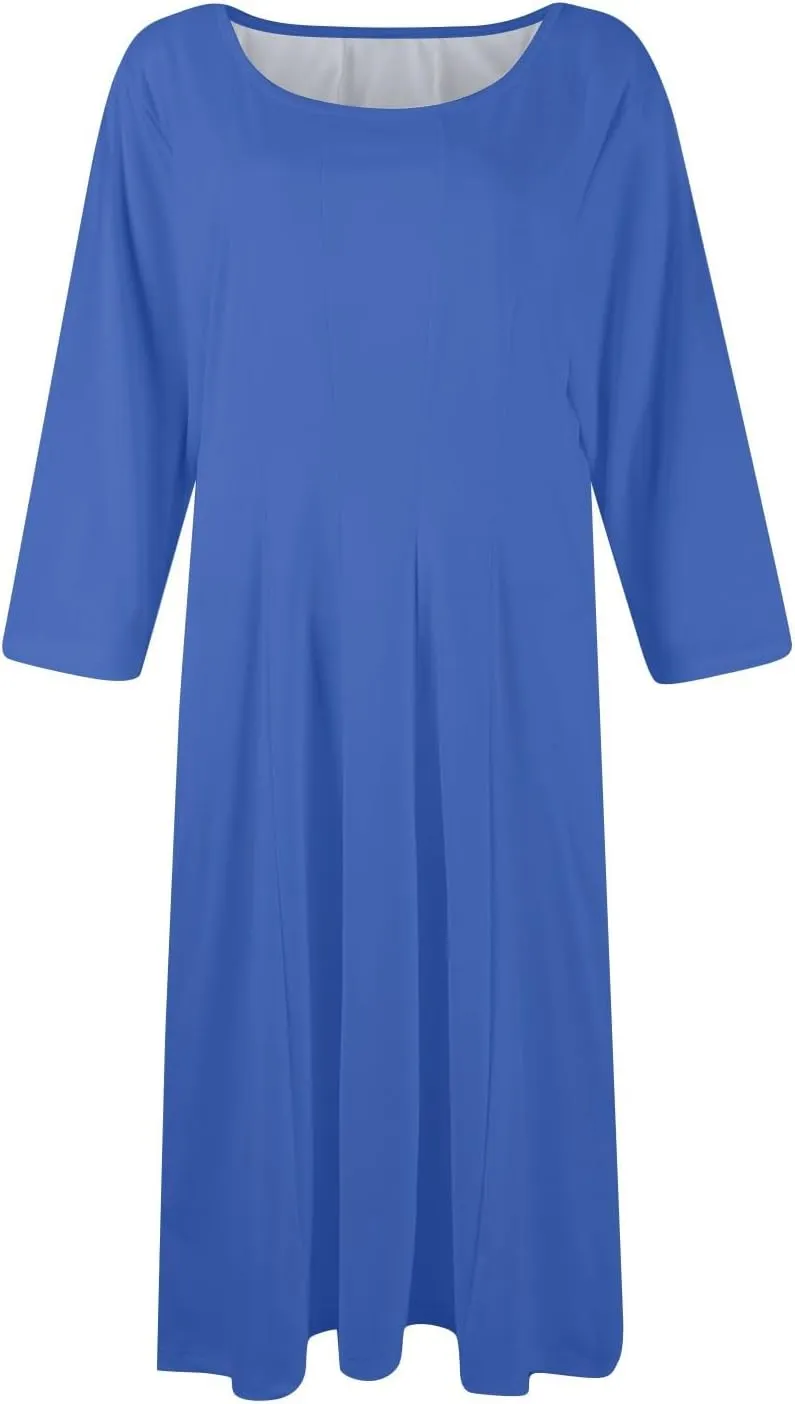 Dresses for Women Spring Round Neck 3/4 Sleeve Midi Dress A Line Pleated Solid Color Dresses
