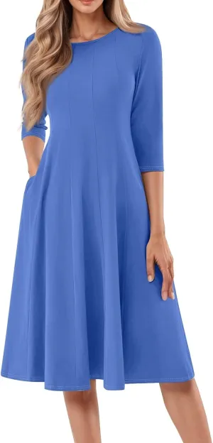 Dresses for Women Spring Round Neck 3/4 Sleeve Midi Dress A Line Pleated Solid Color Dresses