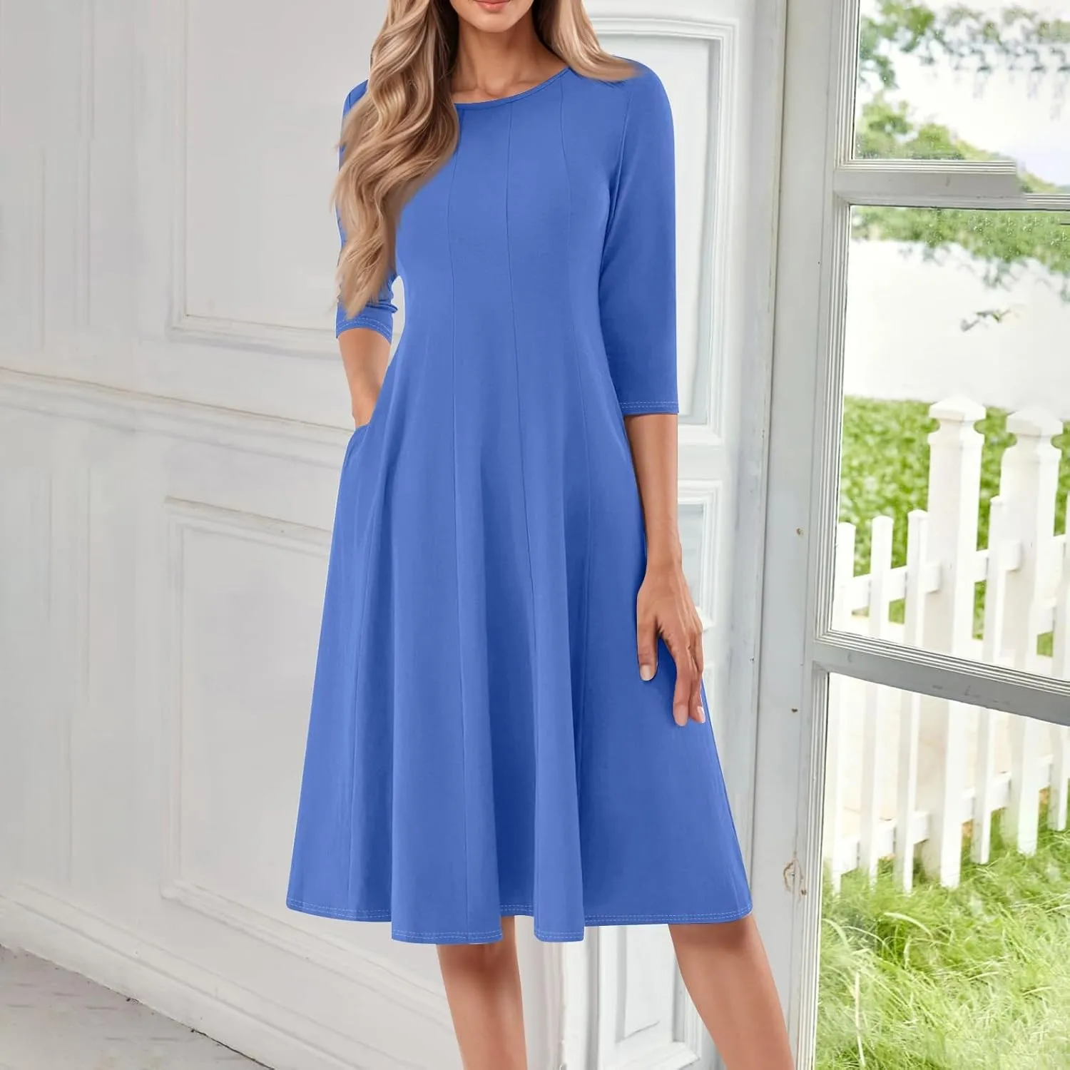 Dresses for Women Spring Round Neck 3/4 Sleeve Midi Dress A Line Pleated Solid Color Dresses
