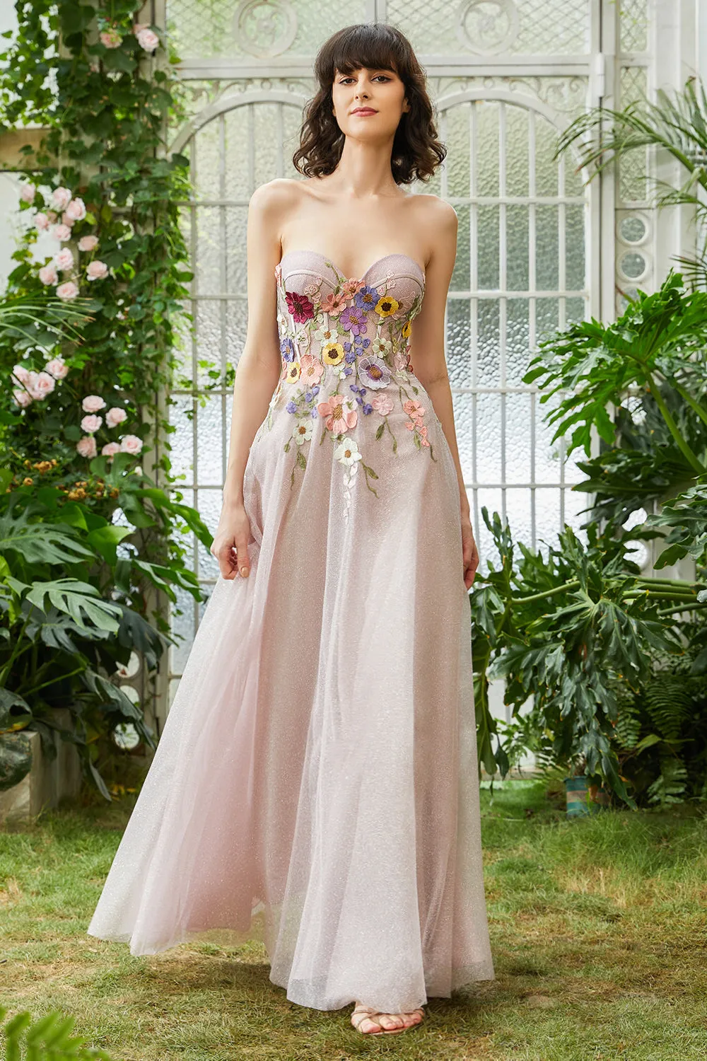 Elegant A Line Strapless Blush Long Wedding Guest Dress with 3D Flowers