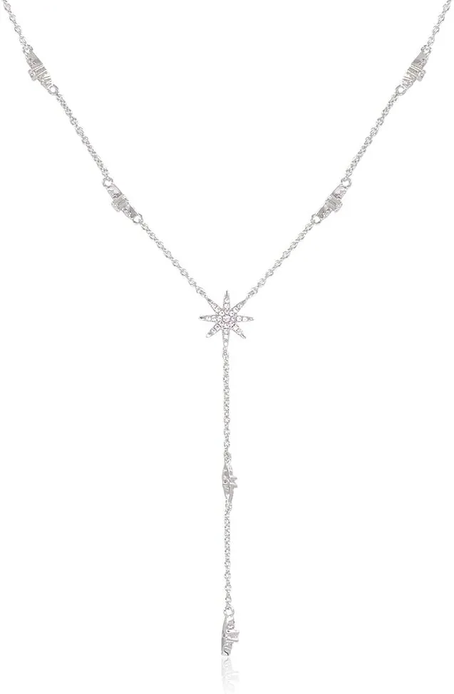 espere Star Drop Y Shaped Lariat Necklace Plated with 14K Rose Gold/White Gold