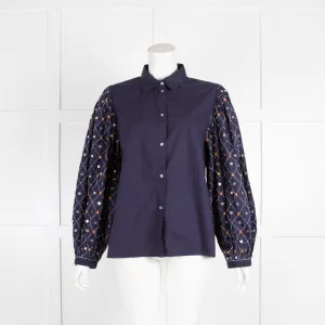 Essential Antwerp Navy Blouse with Sequin Embellished Sleeves