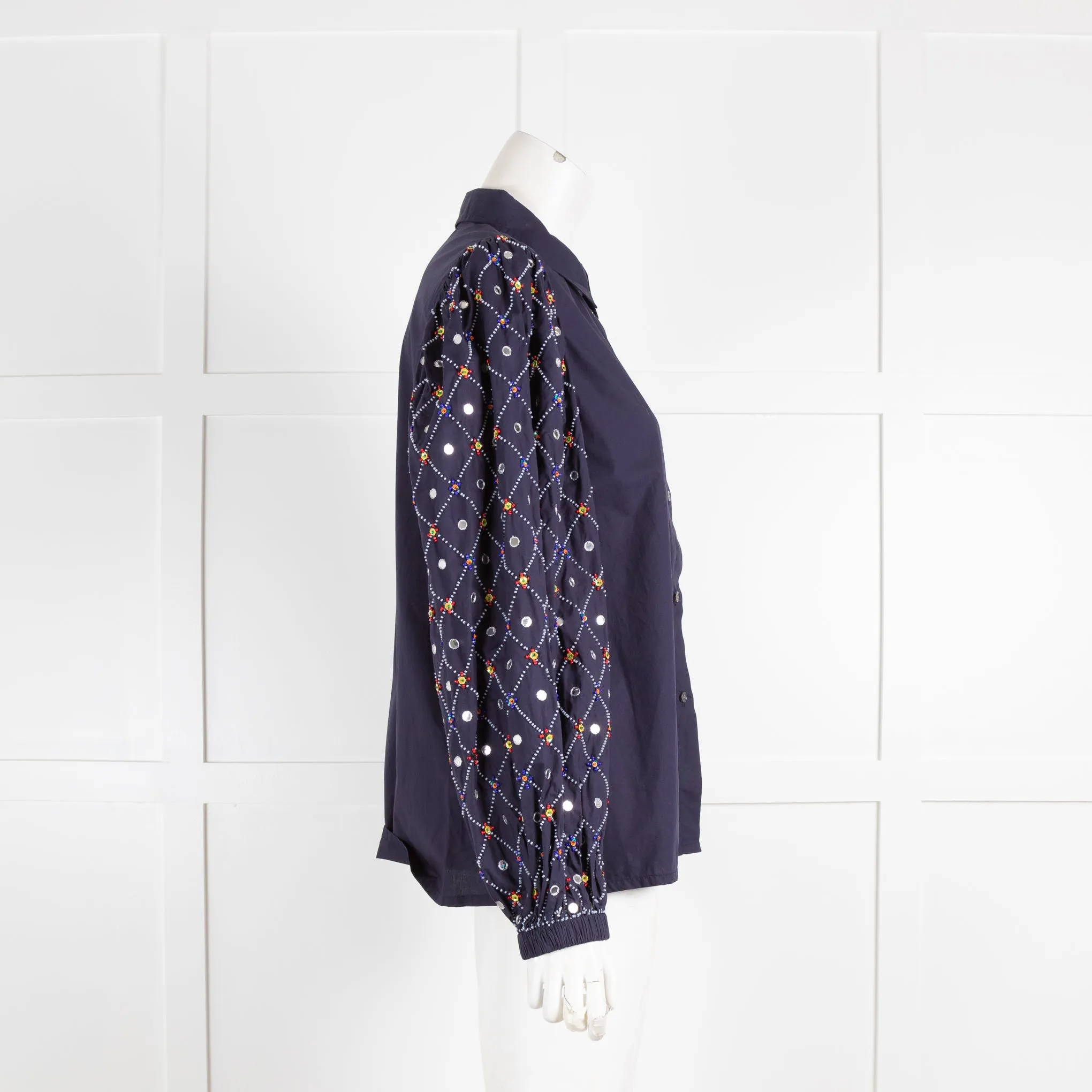 Essential Antwerp Navy Blouse with Sequin Embellished Sleeves