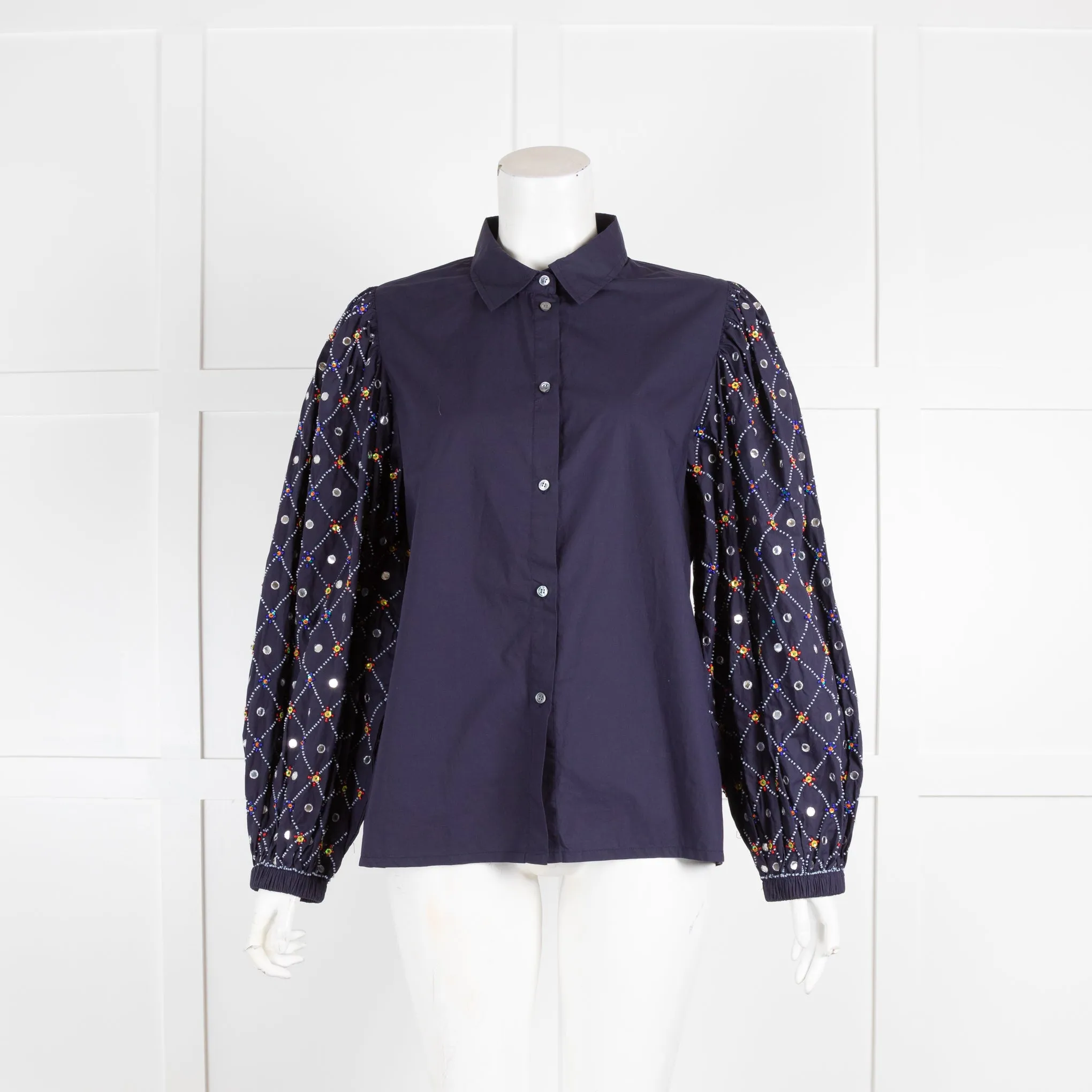 Essential Antwerp Navy Blouse with Sequin Embellished Sleeves