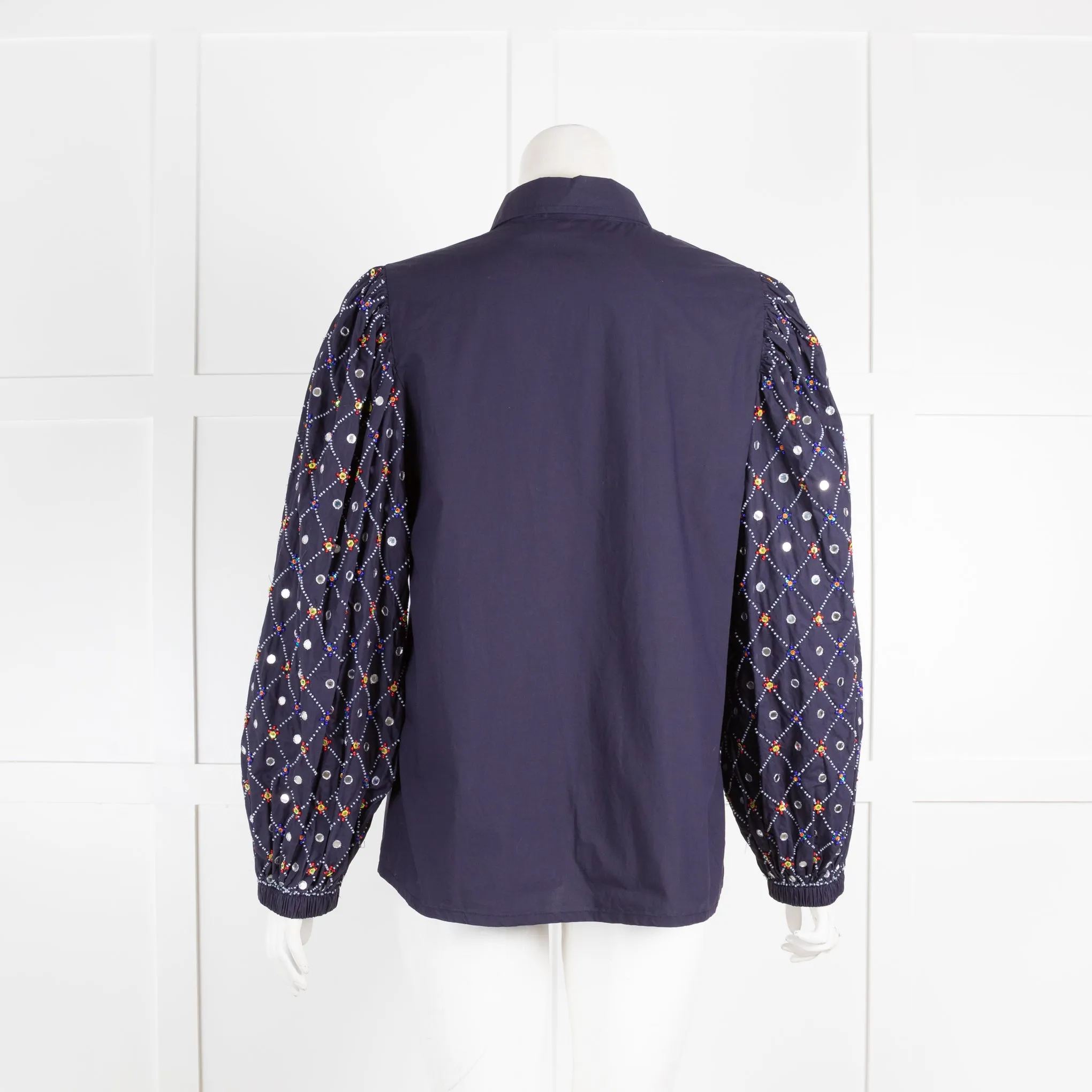 Essential Antwerp Navy Blouse with Sequin Embellished Sleeves
