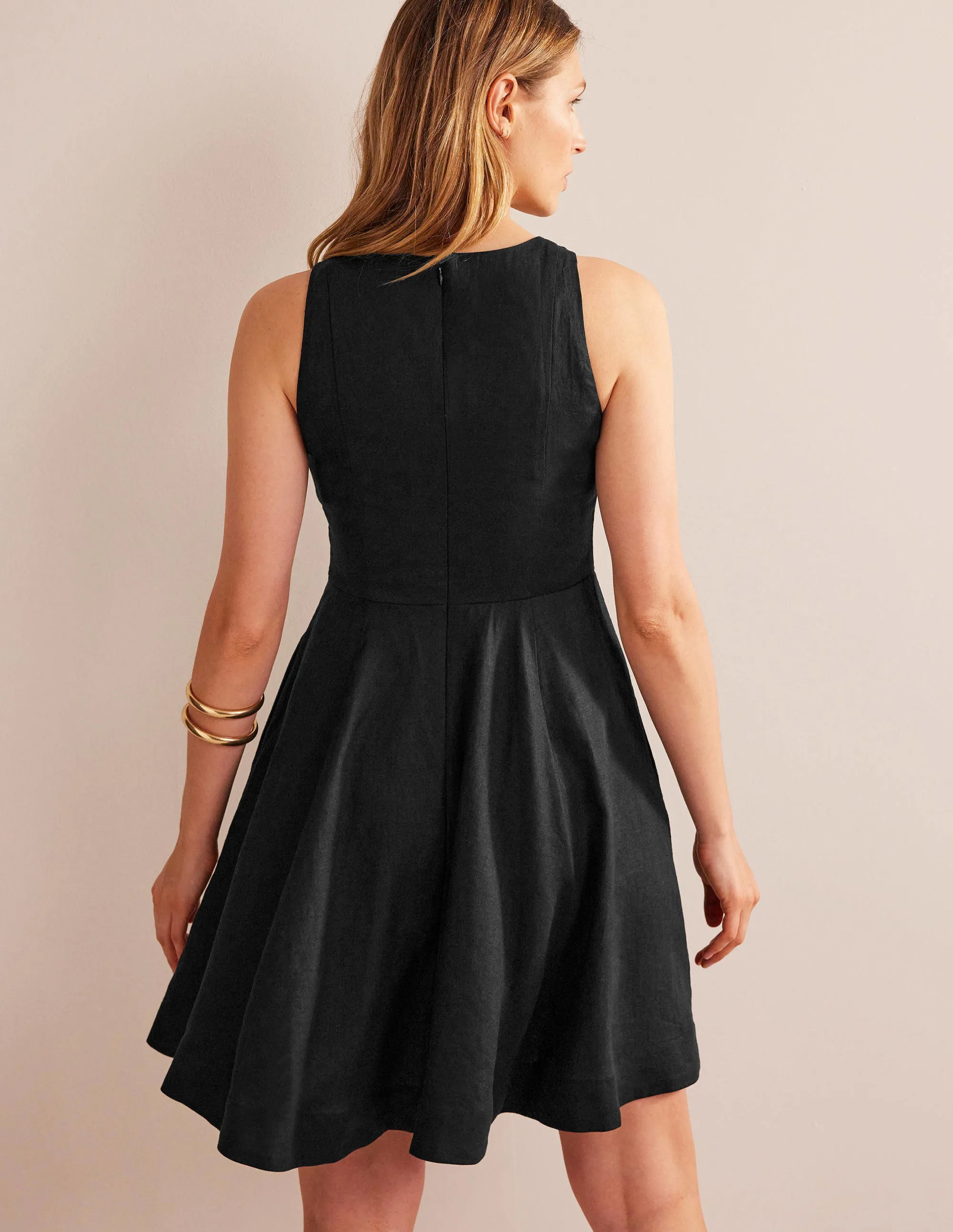 Fit-and-Flare Linen Mini Dress-Black