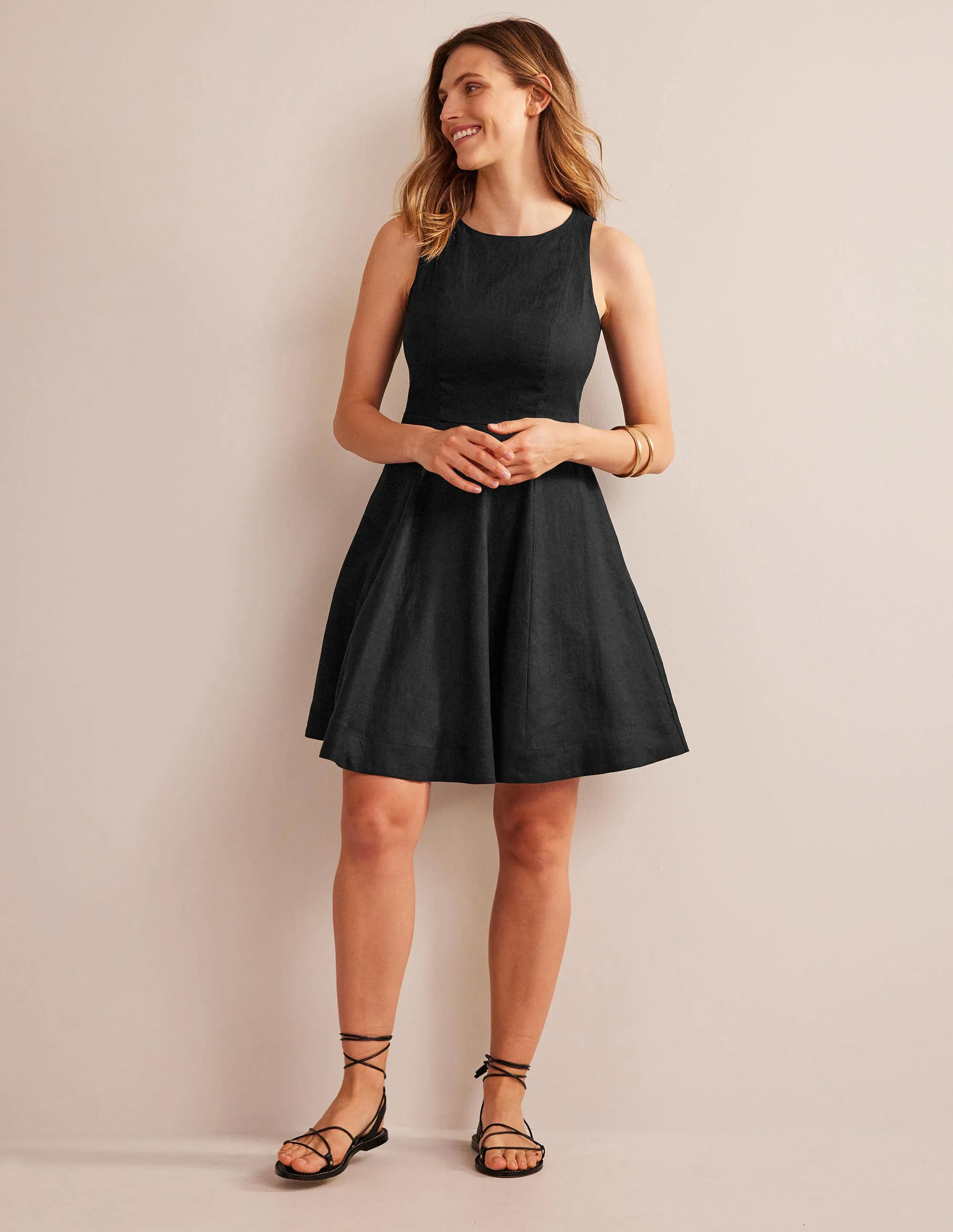 Fit-and-Flare Linen Mini Dress-Black