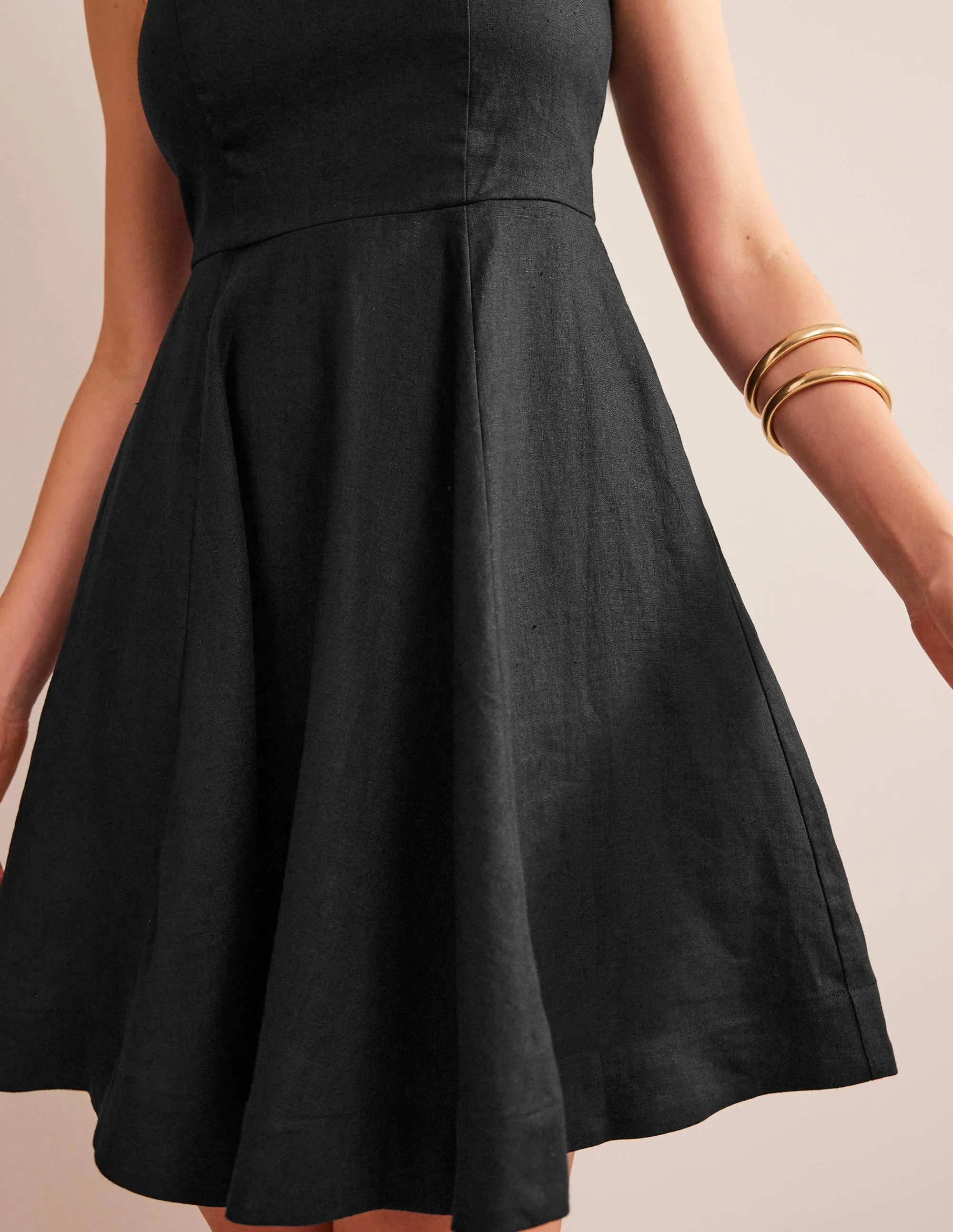 Fit-and-Flare Linen Mini Dress-Black