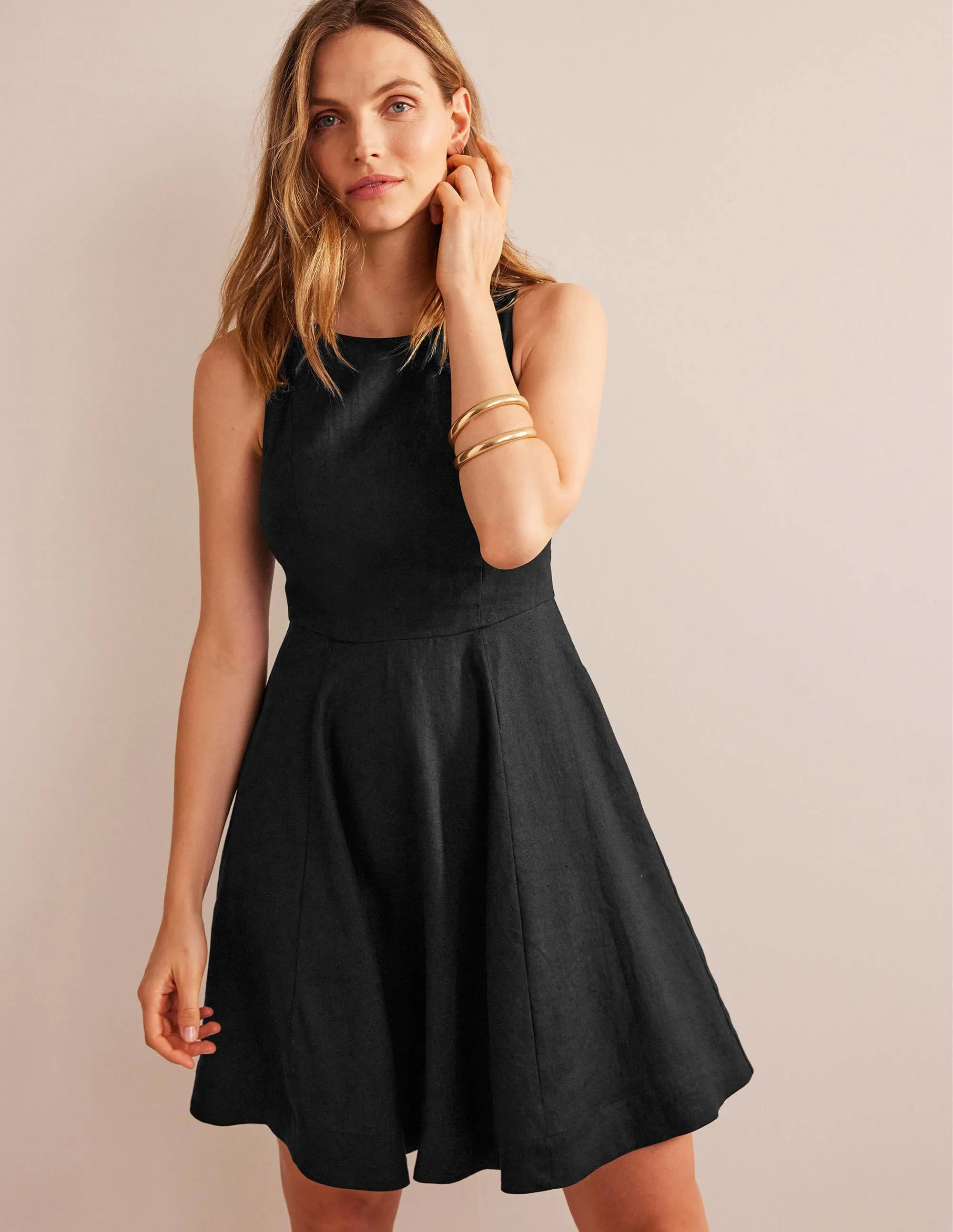 Fit-and-Flare Linen Mini Dress-Black