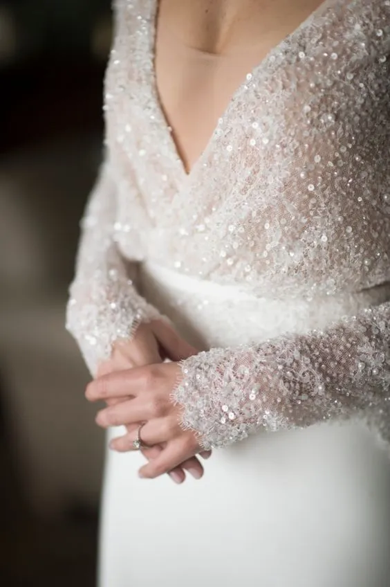 Fit and Flare Long Sleeve Sequins Wedding Dress