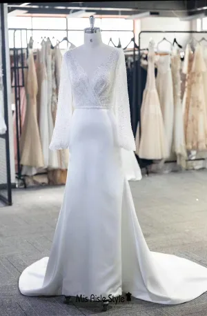 Fit and Flare Long Sleeve Sequins Wedding Dress