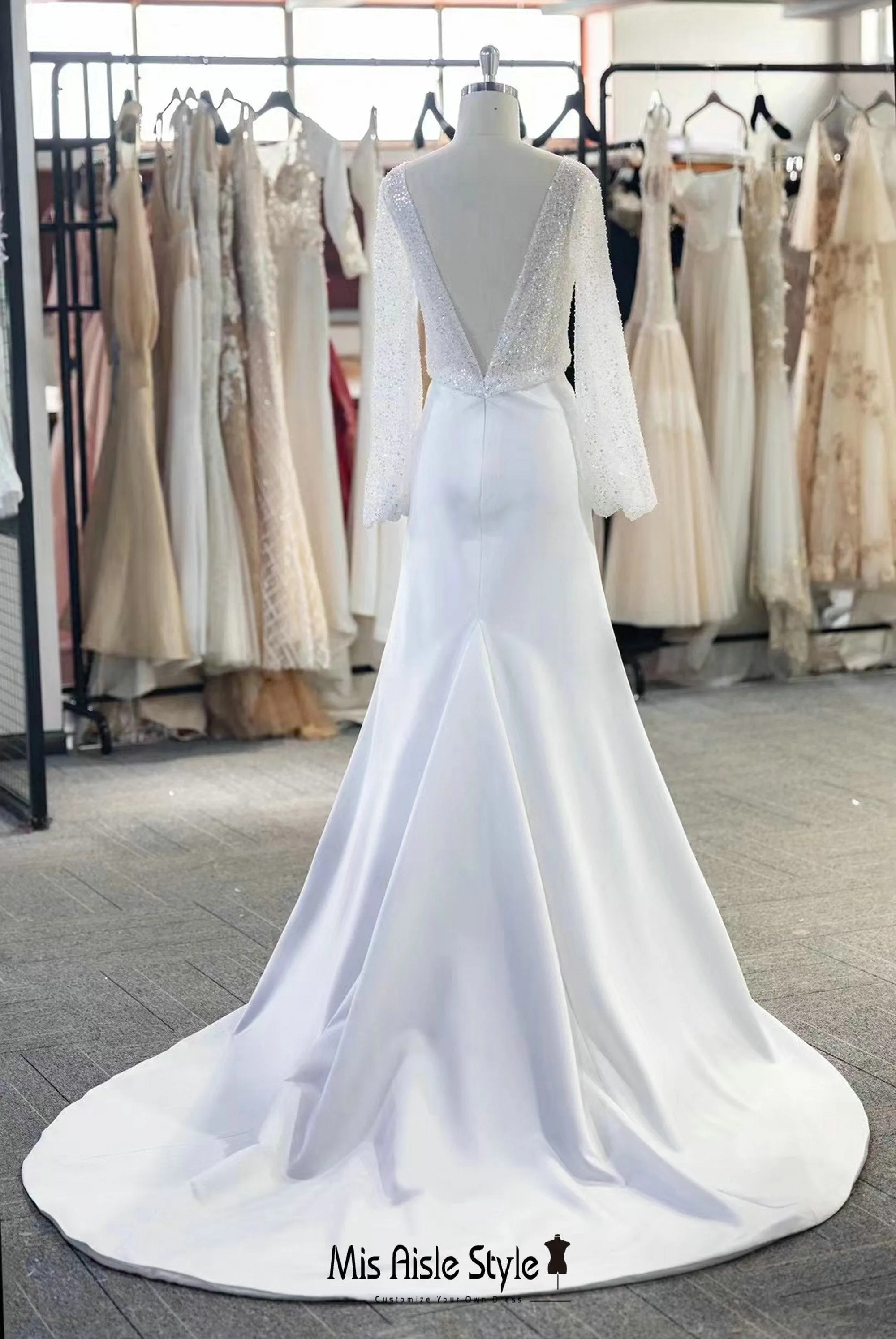 Fit and Flare Long Sleeve Sequins Wedding Dress