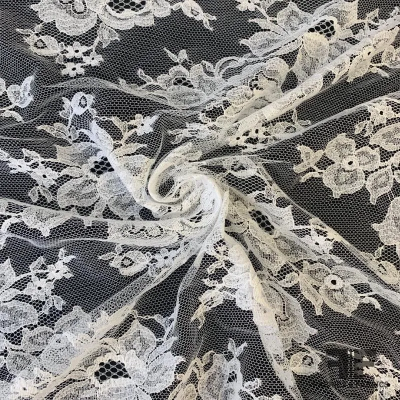 French Chantilly Lace on Honeycomb Netting - White