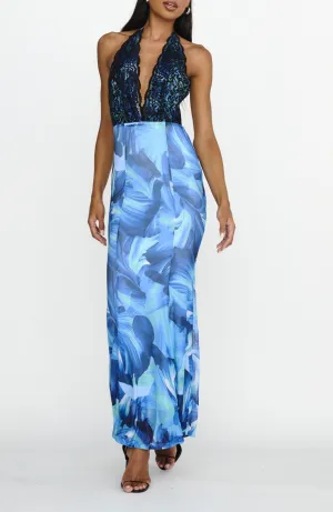 Halterneck Lace Detail V Neck Front Maxi Dress