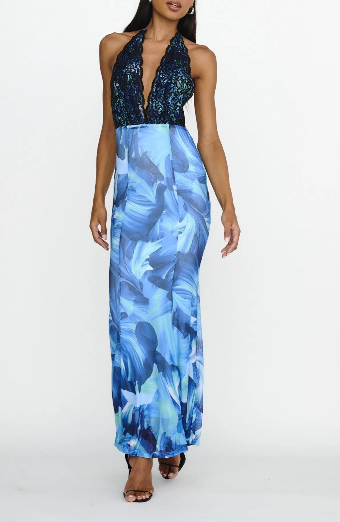 Halterneck Lace Detail V Neck Front Maxi Dress
