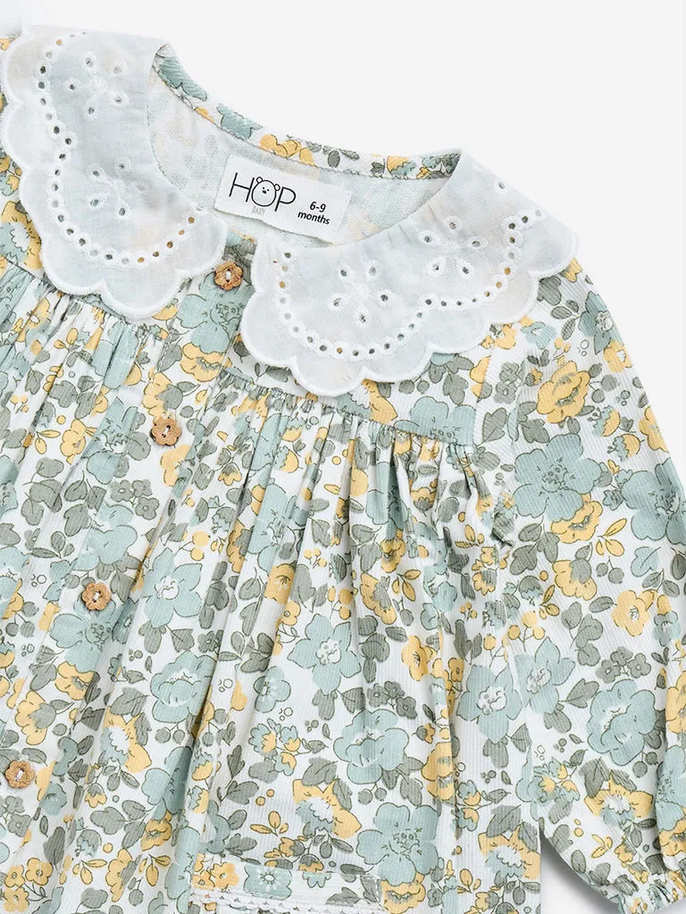 HOP Baby Green Floral Print Fit-and-Flare Cotton Dress