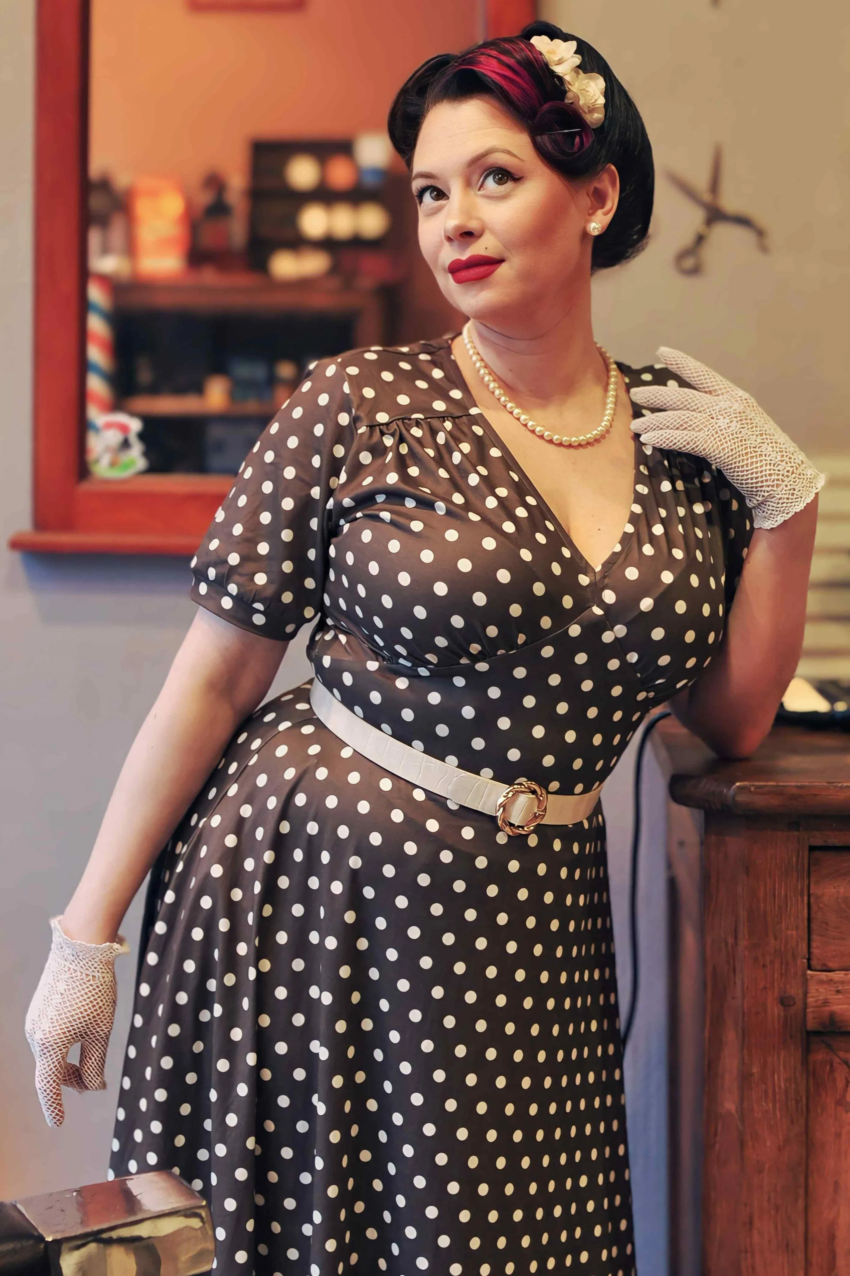 Julia 50s Style Brown & White Polka Dot Dress