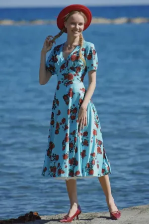 Julia 50s Style Red Rose Sleeved Dress in Blue