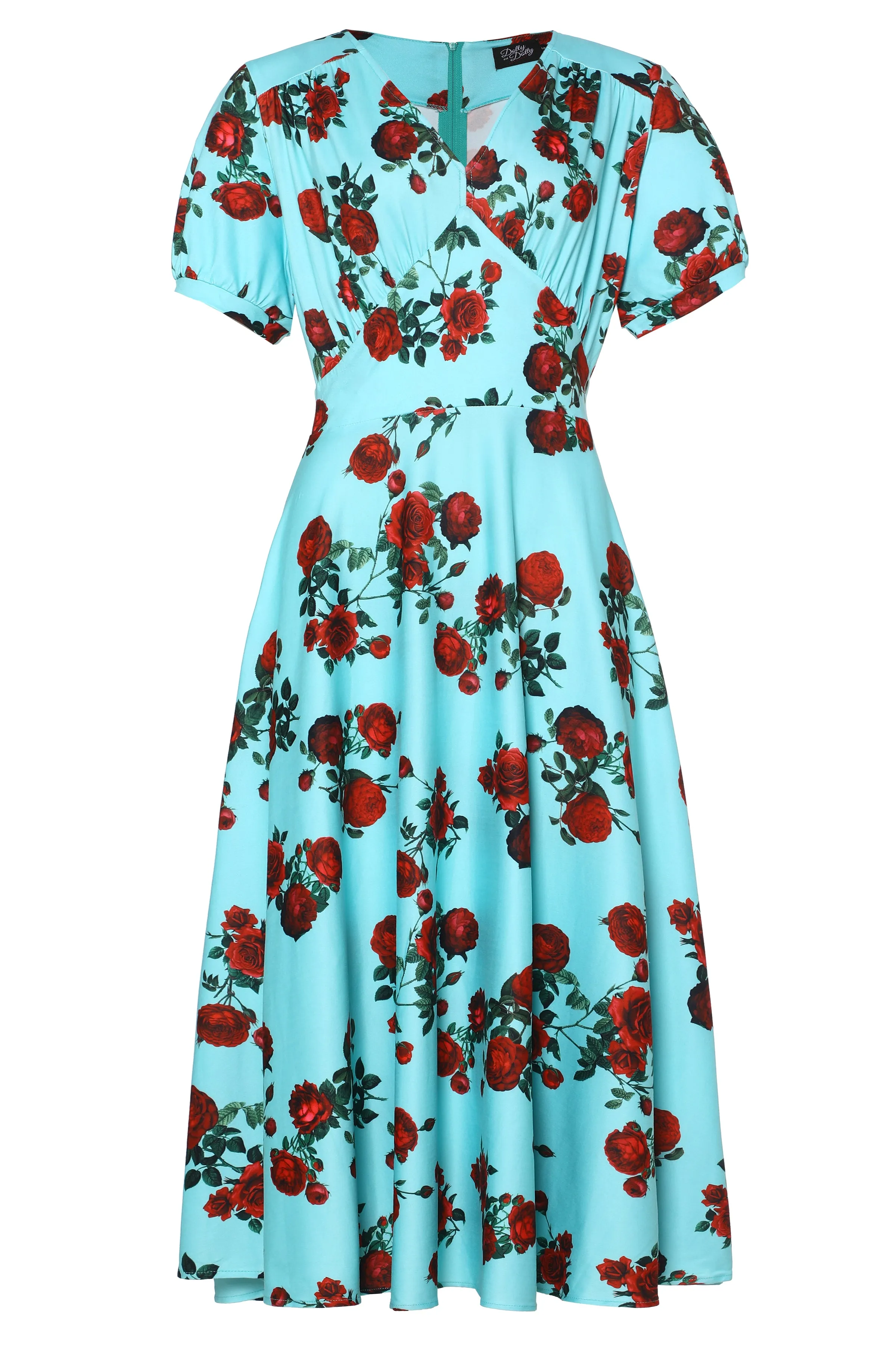 Julia 50s Style Red Rose Sleeved Dress in Blue