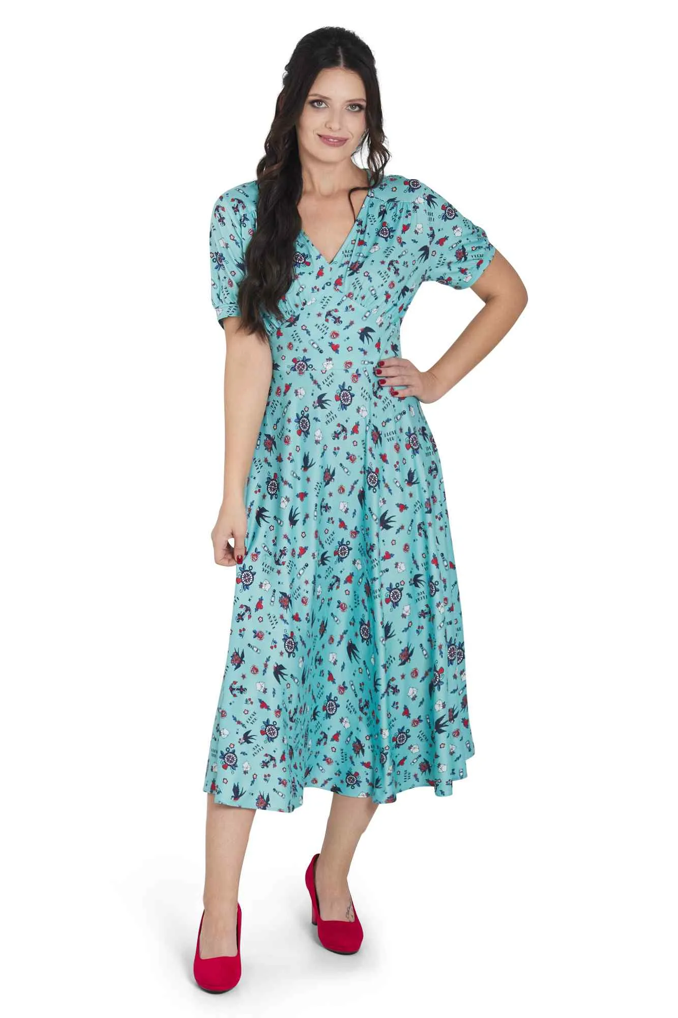 Julia Blue Rockabilly Swallow Sleeved Dress