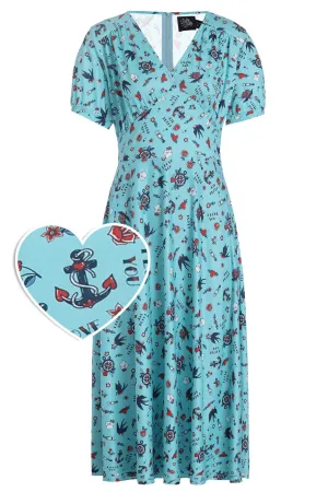 Julia Blue Rockabilly Swallow Sleeved Dress