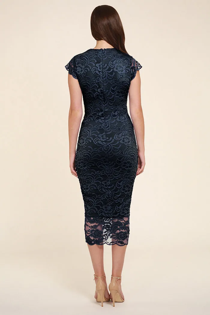 LANA NAVY LACE CAP SLEEVED MIDI DRESS