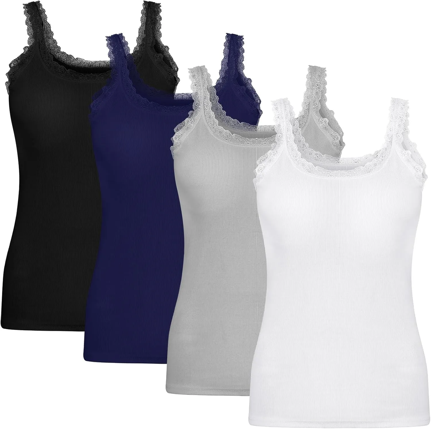 Lasnten 4 Pieces Lace Camisole Tank Tops for Women Ribbed Cami Top Lacework Undershirt Patchwork Tank Lace Trim Cami