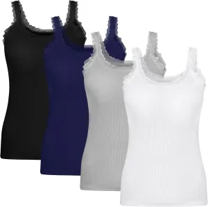 Lasnten 4 Pieces Lace Camisole Tank Tops for Women Ribbed Cami Top Lacework Undershirt Patchwork Tank Lace Trim Cami