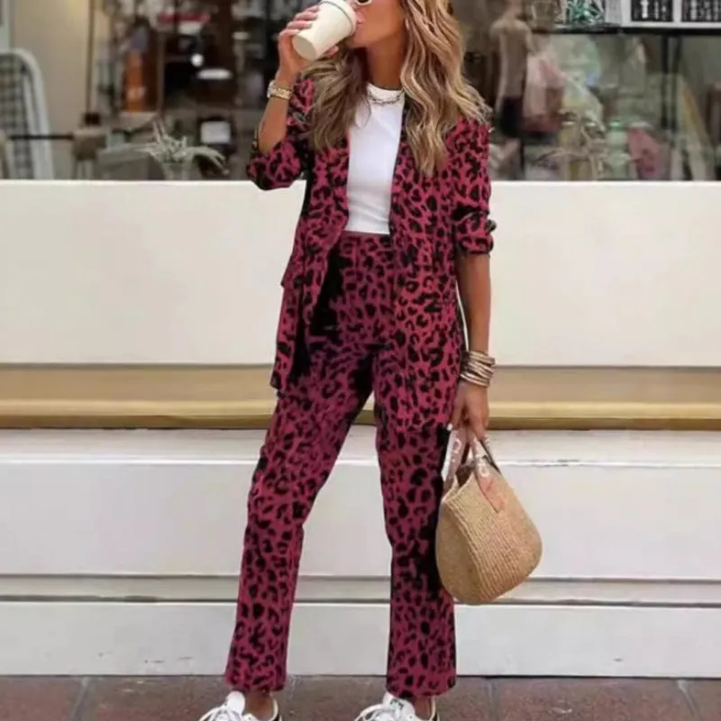 Leopard Print Lapel Long Sleeve Top High Waisted Pants Set