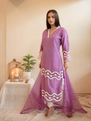 Lilac & White Silk Thread Embroidered Kurta Set