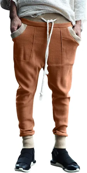 Mens Tapered Sweatpants Pocket Knitted Patchwork Harem Pants Slim Fit Comfy String Drop Crotch Home Lounge Trousers