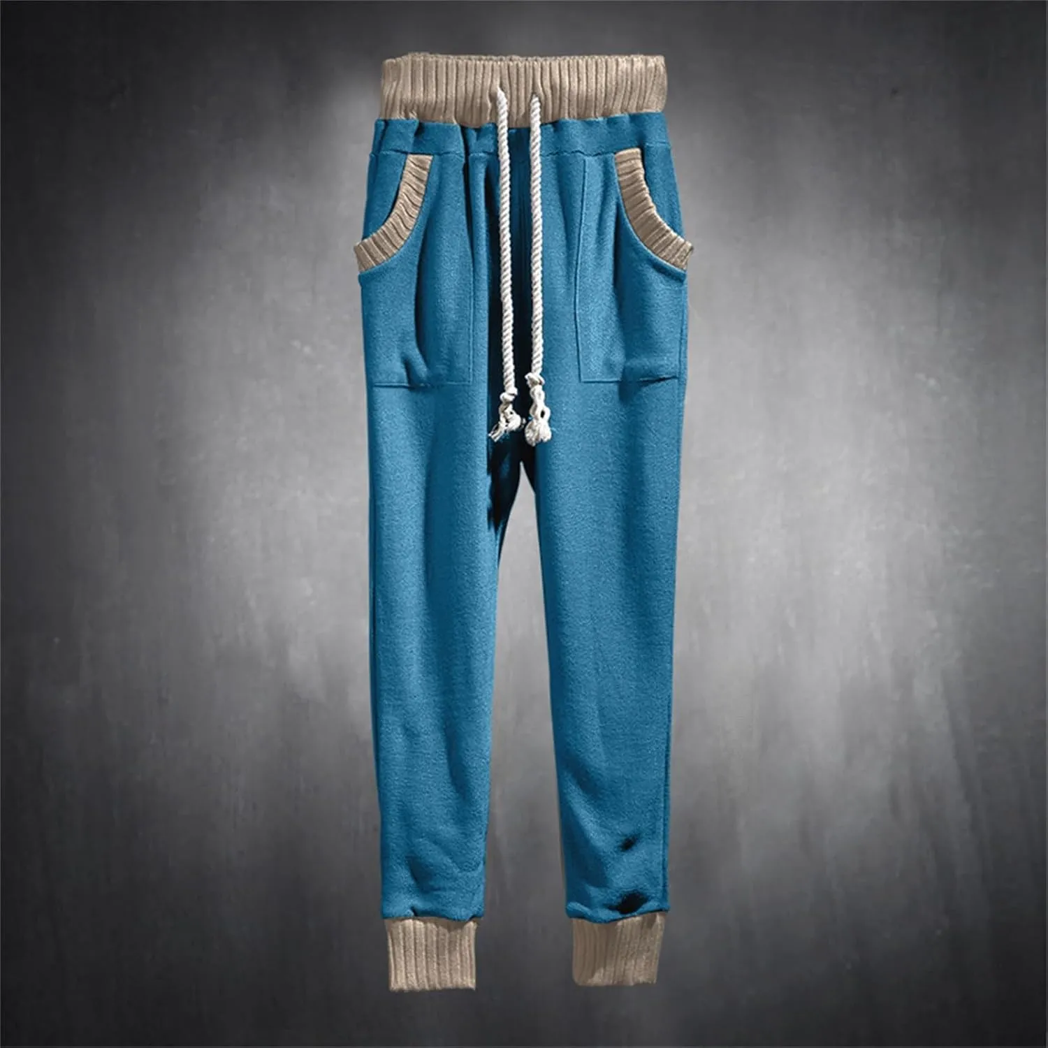 Mens Tapered Sweatpants Pocket Knitted Patchwork Harem Pants Slim Fit Comfy String Drop Crotch Home Lounge Trousers